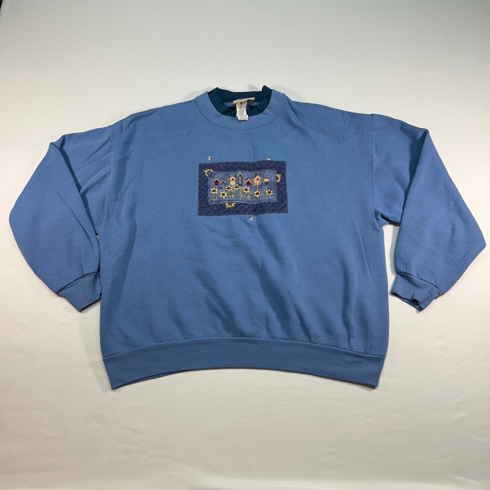 Vintage Top Stitch Morning Sun Blue Birdhouse Sunflower Sweatshirt XL USA Made